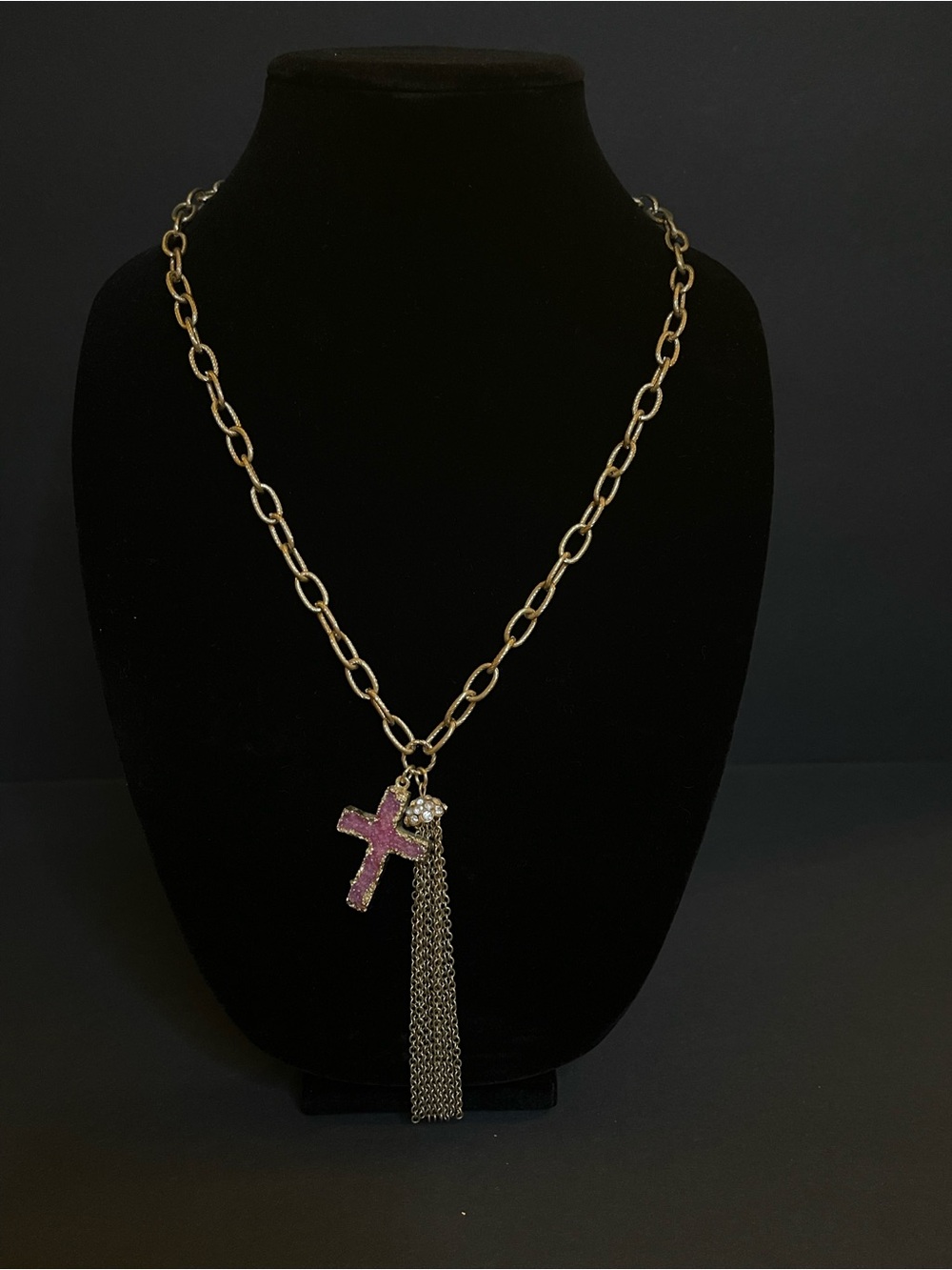 Gold Link Necklace with Purple Cross Pendant and Chain Tassel - Picture 6 of 6